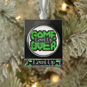 Game Over, Level Up: Pixelated Retro Game World Silver Plated Banner Ornament