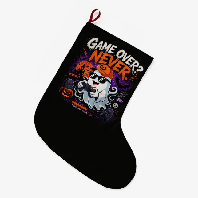 Game Over Never Funny Gamer Ghost Halloween Large Christmas Stocking (Front (Hanging))