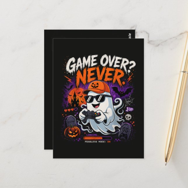 Game Over Never Funny Gamer Ghost Halloween Postcard (Front/Back In Situ)