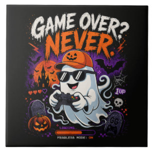 Game Over Never Funny Gamer Ghost Halloween Tile