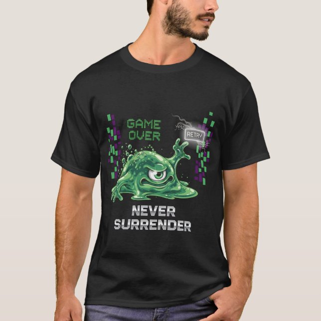 Game Over Never Surrender Retro Gaming T-Shirt | F (Front)