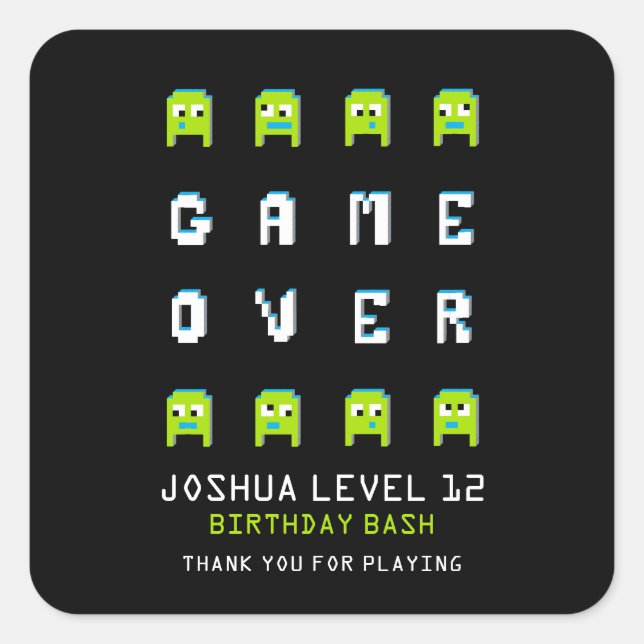 Game over pixel monster aliens party thank you square sticker (Front)