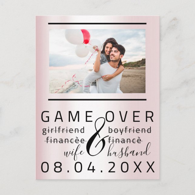 Game Over Skinny Funny Save The Date Couple Photo  Postcard (Front)