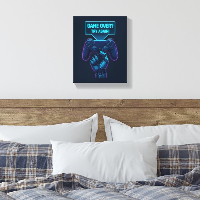 Game Over? Try Again! – Futuristic Gamer Canvas Print (Insitu(Bedroom))