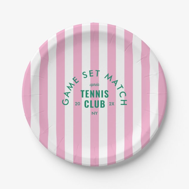 Game Set Match Après Tennis Club Pink Stripe Round Paper Plate (Front)