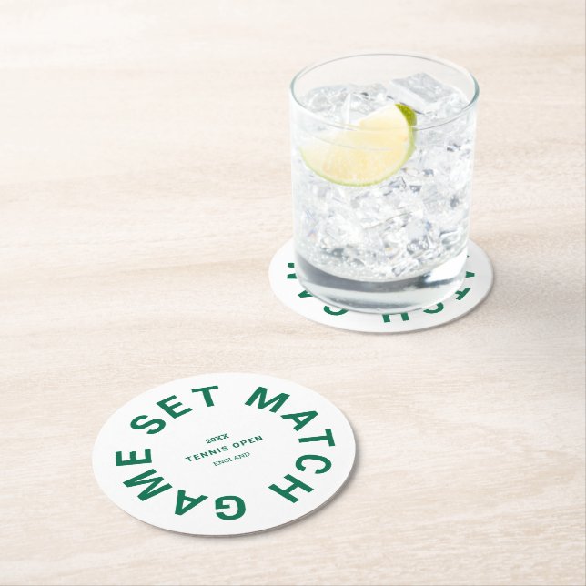Game Set Match Green Tennis Tournament Crest Round Paper Coaster (Insitu)