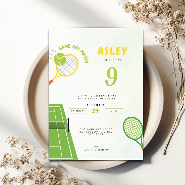 Game, Set, Match Tennis Party Trendy 9th Birthday Invitation (Tennis Themed 9th birthday invitation for boys and girls)
