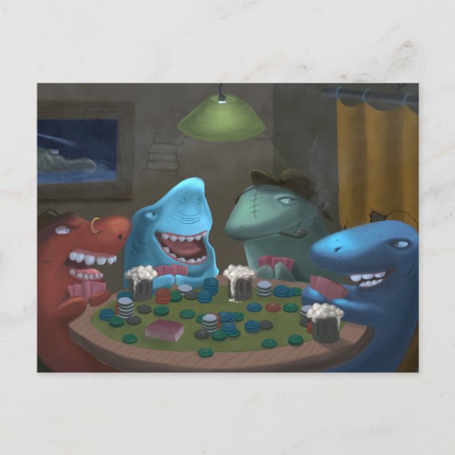 Game Sharks Playing Poker Postcard (Front)