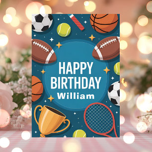 Game Time Blue Sports Birthday Party Card