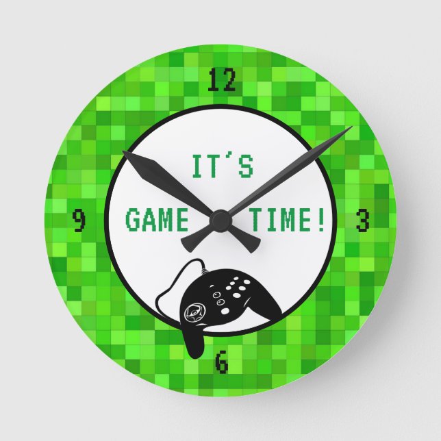 Game Time | Green Gamer Pixels Round Clock (Front)