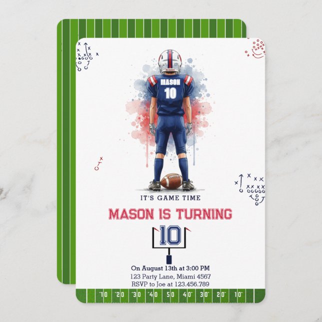 Game Time Watercolor Football Boy Birthday Invitation (Front/Back)