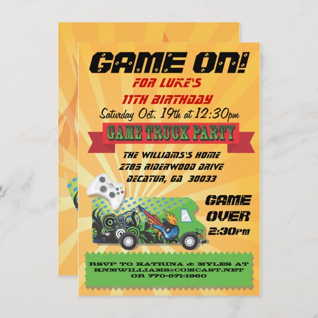 Game Truck Party Invitations (Front/Back)