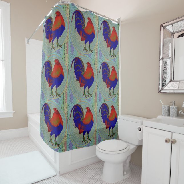 Gamecock:  Impressionist Rooster Shower Curtain (In Situ)