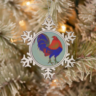 Gamecock:  Impressionist Rooster Snowflake Pewter Christmas Ornament
