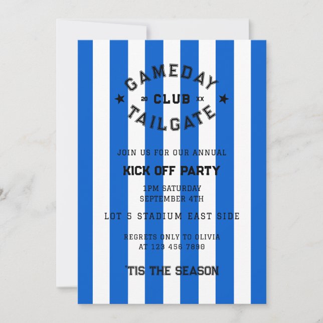 Gameday Tailgate Club Kick Off Party Blue Team Invitation (Front)