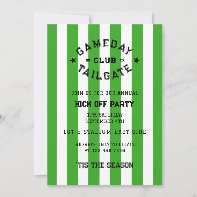 Gameday Tailgate Club Kick Off Party Green Team Invitation (Front)