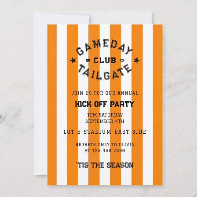 Gameday Tailgate Club Kick Off Party Orange Team Invitation (Front)