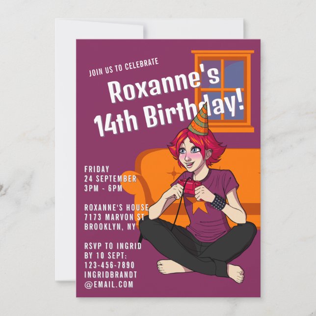 Gamer Anime Purple Teen Girl 14th Birthday Invitation (Front)