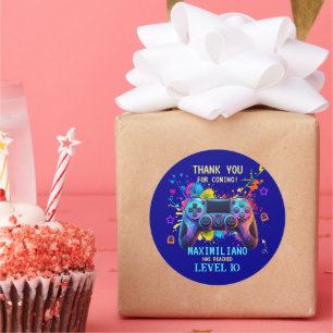 Gamer Birthday Blue Splatter Paint Video Game Classic Round Sticker