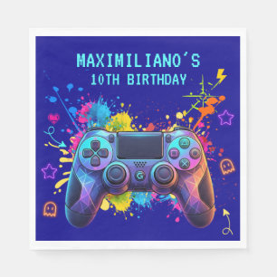 Gamer Birthday Blue Splatter Paint Video Game Napkin