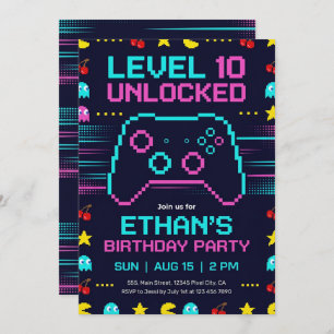 Gamer Birthday Invitation  Pixel Video Game Party