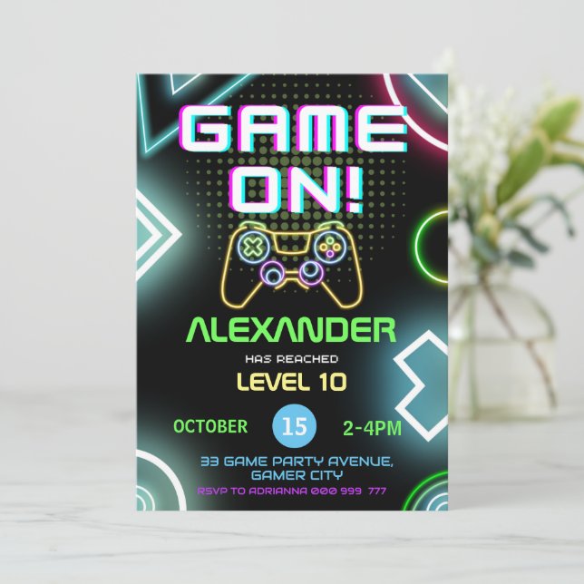 Gamer Boy 10th Neon Birthday Party Invitation (Standing Front)