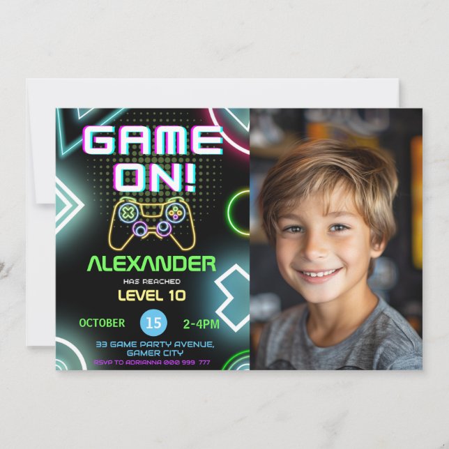 Gamer Boy 10th Neon Gaming Birthday Photo Invitation (Front)