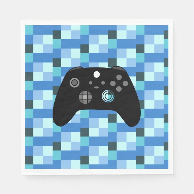 Gamer Boy Blue Pixels Birthday  Napkin (Front)