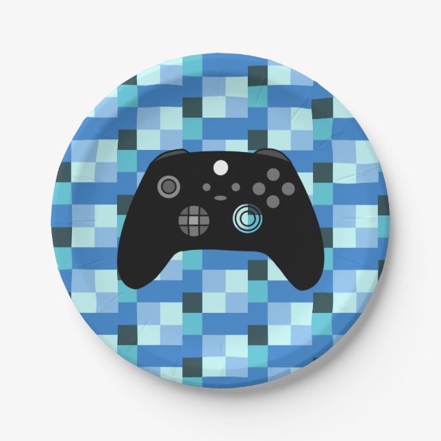 Gamer Boy Blue Pixels Birthday Paper Plate (Front)