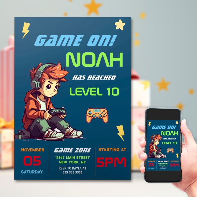 Gamer Boy Blue Video Game Birthday Invitation (Creator Uploaded)