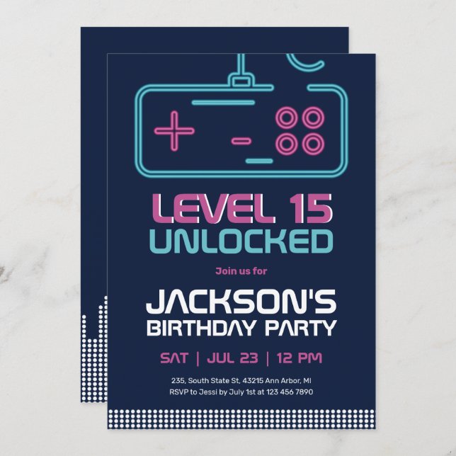 Gamer Boy Level Unlocked Video Games Blue Birthday Invitation (Front/Back)
