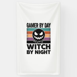 Gamer By Day Witch By Night Retro Halloween Design Banner