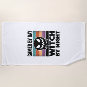 Gamer By Day Witch By Night Retro Halloween Design Beach Towel