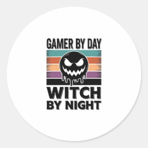 Gamer By Day Witch By Night Retro Halloween Design Classic Round Sticker
