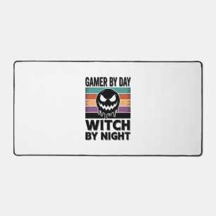 Gamer By Day Witch By Night Retro Halloween Design Desk Mat