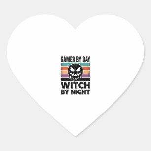 Gamer By Day Witch By Night Retro Halloween Design Heart Sticker