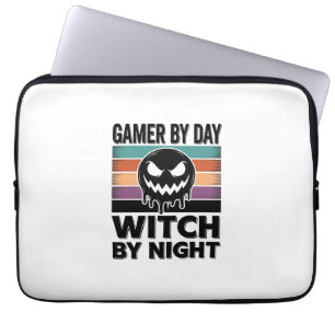 Gamer By Day Witch By Night Retro Halloween Design Laptop Sleeve