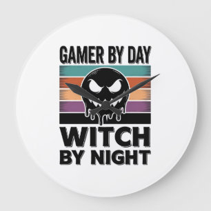 Gamer By Day Witch By Night Retro Halloween Design Large Clock