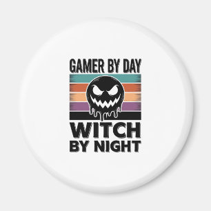 Gamer By Day Witch By Night Retro Halloween Design Magnet