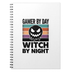 Gamer By Day Witch By Night Retro Halloween Design Notebook