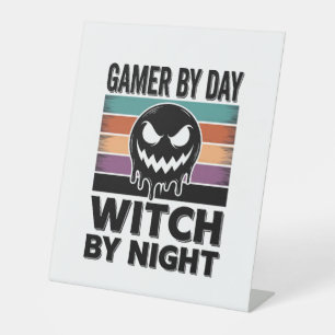 Gamer By Day Witch By Night Retro Halloween Design Pedestal Sign
