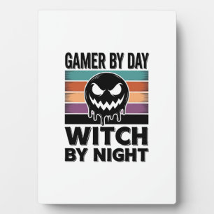Gamer By Day Witch By Night Retro Halloween Design Plaque
