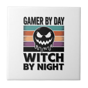 Gamer By Day Witch By Night Retro Halloween Design Tile