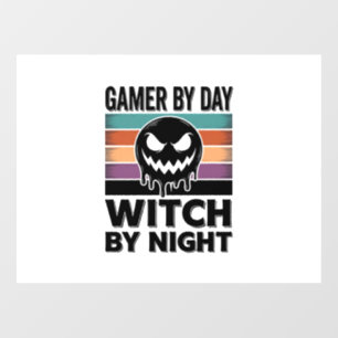 Gamer By Day Witch By Night Retro Halloween Design Window Cling