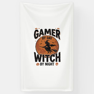Gamer By Day Witch By Night Vintage Gaming Design_ Banner