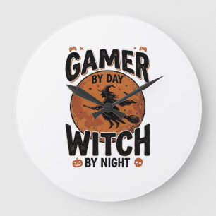 Gamer By Day Witch By Night Vintage Gaming Design_ Large Clock