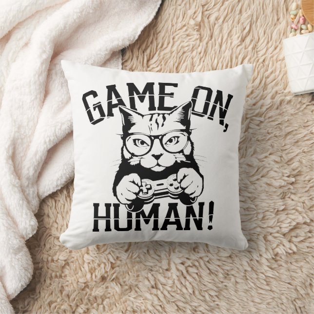 Gamer Cat Design Game On Human - Cute Funny Cat  Cushion (Blanket)
