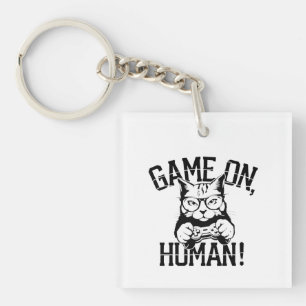 Gamer Cat Design Game On Human - Cute Funny Cat Key Ring