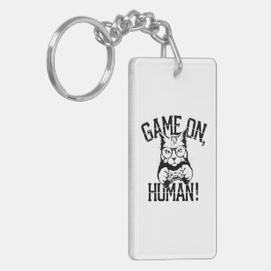 Gamer Cat Design Game On Human - Cute Funny Cat Key Ring