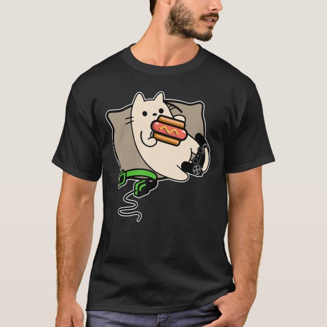 Gamer Cat Eating Hot Dog Game Loading T-Shirt (Front)